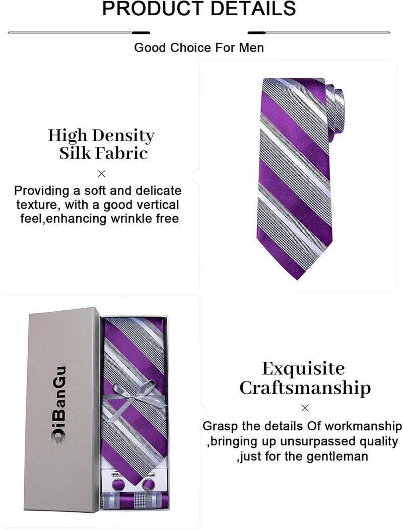 DiBanGu Mens Striped Tie Silk Woven Necktie and Pocket Square Cufflinks Tie Clip Set Wedding Business Formal Gift Tie for Men - Image 4
